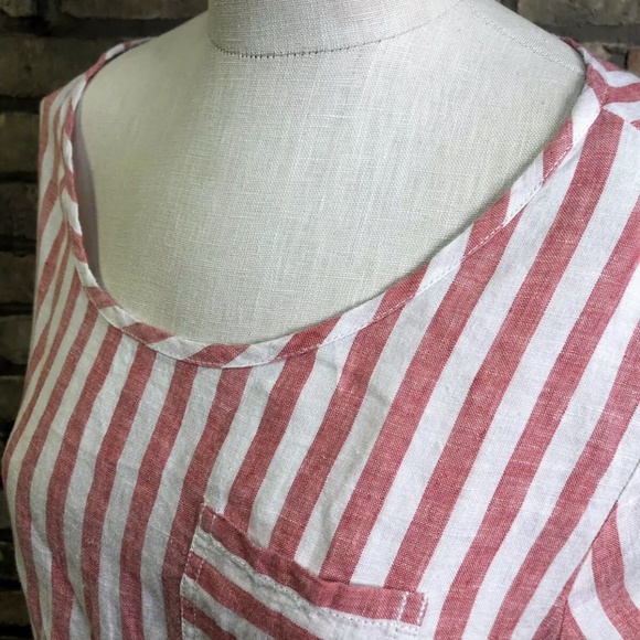 100% Linen Shirt Striped Short Sleeve Loose Fit Boho Flowy Red White - Picture 5 of 5